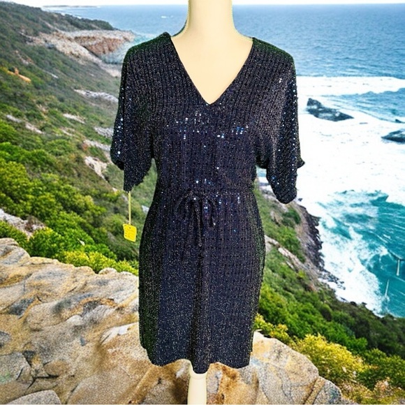 NWT Apricot Navy Blue Sequined Short Sleeve Gathered Tie Waist Mini Dress Size 4 - Picture 1 of 12